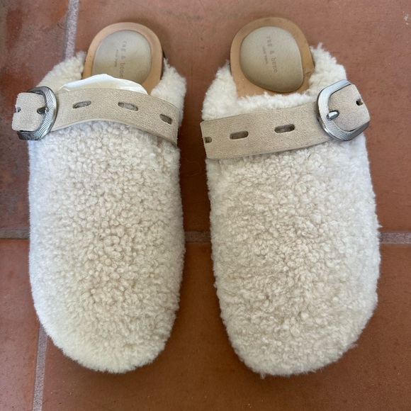 rag & bone Shoes - Rag & Bone shearling mules with suede strap & silver buckle detail Size 37